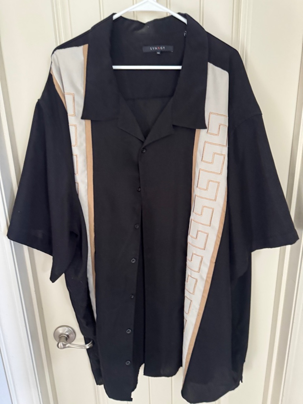 Synergy Black Short-Sleeve Button-Down Shirt with Beige Panels